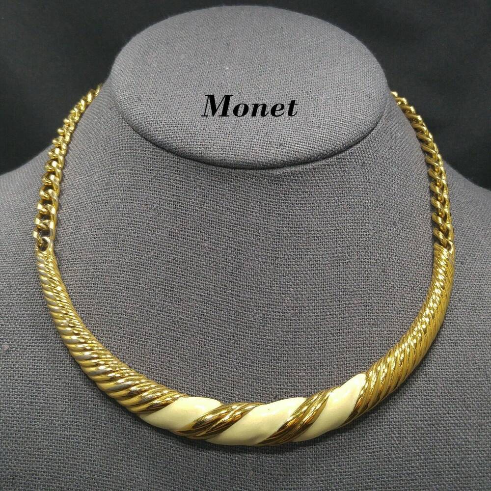 Vintage Monet Cream Enamel & Gold Plated Choker Necklace 1960s Mid Century